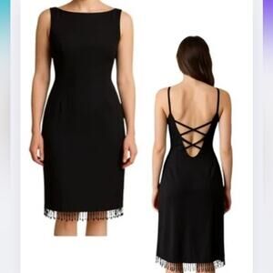 Vtg Modern Minimalist Whimsigoth Beaded Fringe Open Back Dress Womens Size 6